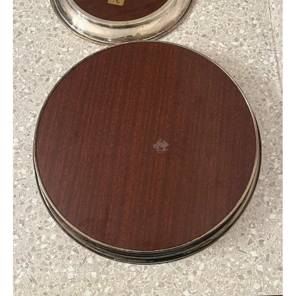 Round Serving Cocktail Tray Formica Wood Grain Set of 2 MCM Vintage Cresent & ? - Picture 7 of 12